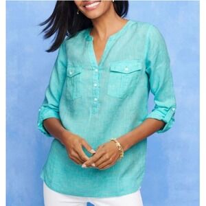 Talbots Linen Blend Tunic Women Medium Aqua Blue Roll Tab Sleeve Split Neck Top